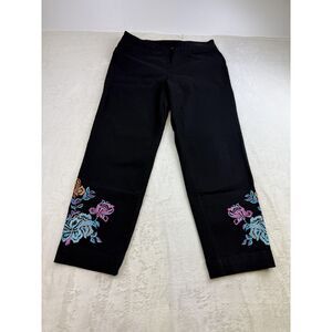 Slim-sation Pants Womens 12 Black Embroidered Floral Stretch Pull On Cropped